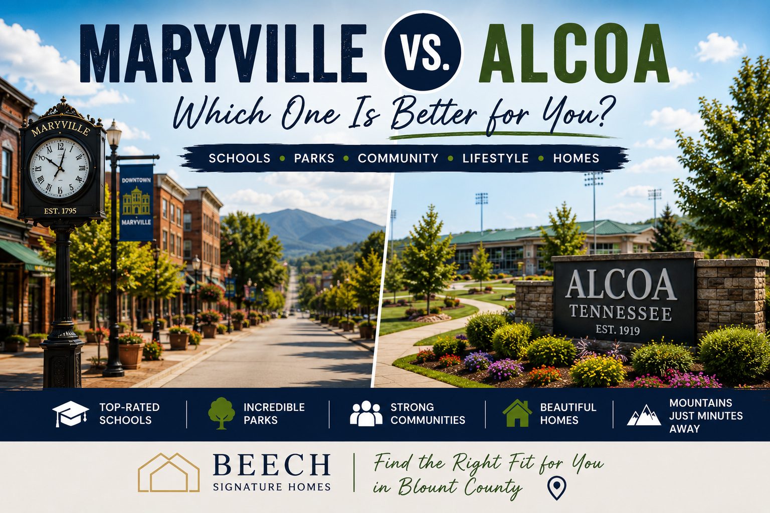 Maryville vs Alcoa TN comparison featuring downtown Maryville, Alcoa landmarks, and community lifestyle in Blount County Tennessee