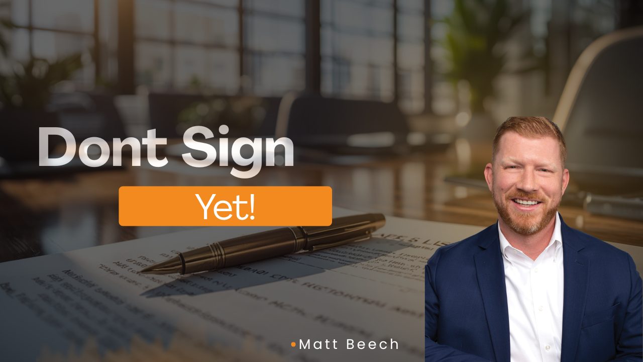 Matt Beech explaining a listing agreement before signing with the text "Don't Sign Yet!" for an East Tennessee home seller education video.